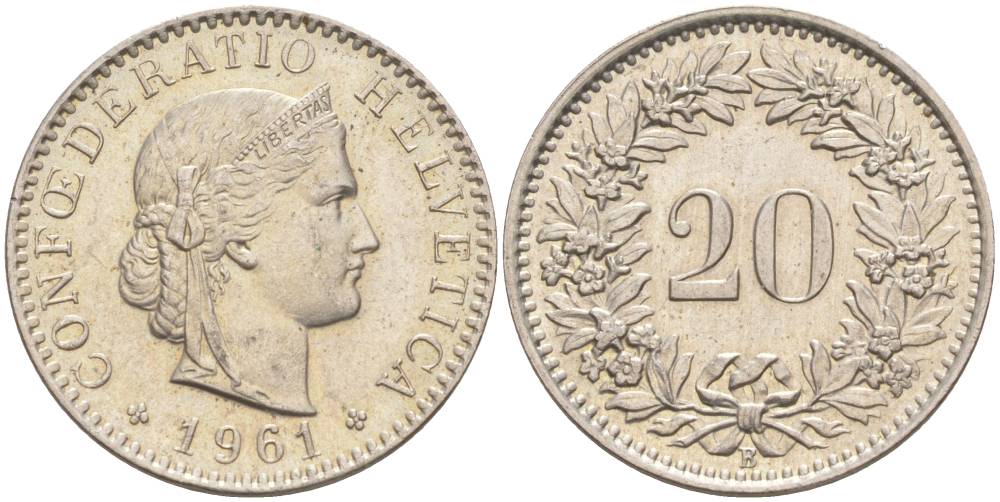 ШВЕЙЦАРИЯ 20 РАППЕНОВ 1961 В KM 29a медно-никель 55-757