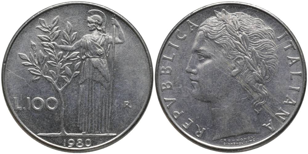 ИТАЛИЯ 100 ЛИР 1980 R, АФИНА KM 96.1 нержавеющая сталь 109-1012
