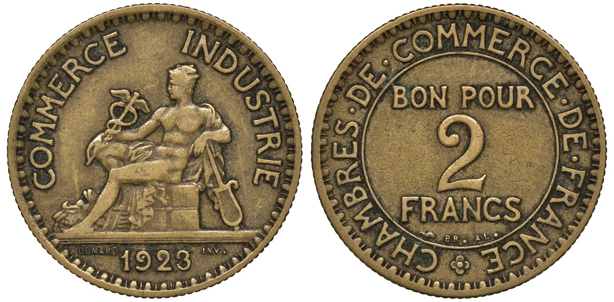 Франция 2 франка 1923 Chambres de Commerce KM 877, Le Franc 267.5 алюминиевая бронза 4163-646