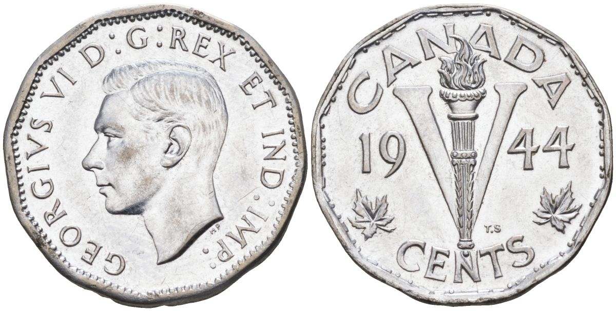 Канада 5 центов 1944 Георг VI (1937-1952) KM 40а хромированная сталь UNC 4126-515