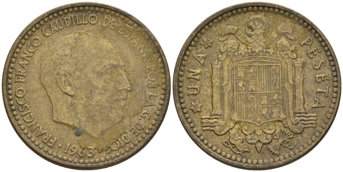 Испания 1 песета 1963 (65) Франсиско Франко (1939-1975) KM 775 алюминиевая бронза 4155-336
