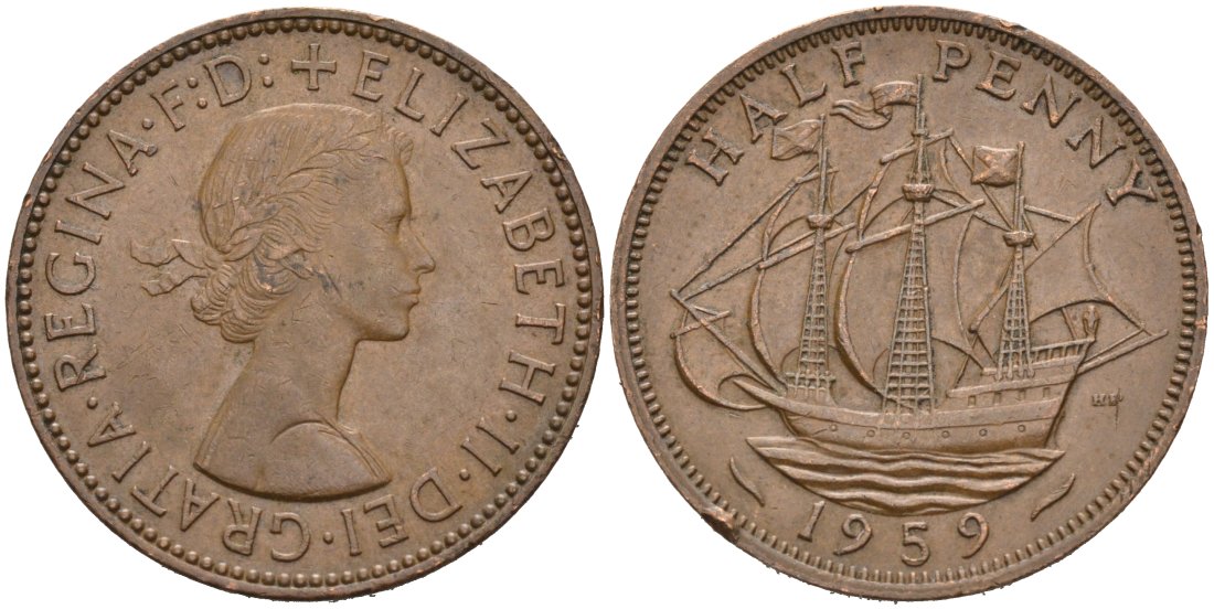 Великобритания 1/2 пенни 1959 Елизавета II (1952-2022) KM 896, Spink 4158 бронза 4573-836