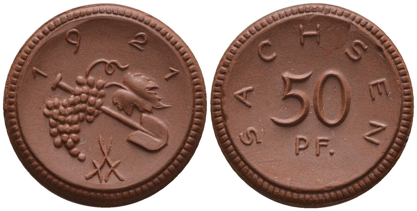 Саксония 50 пфеннигов 1921 виноград и лопата J. N 54 фарфор UNC 1094-8-45