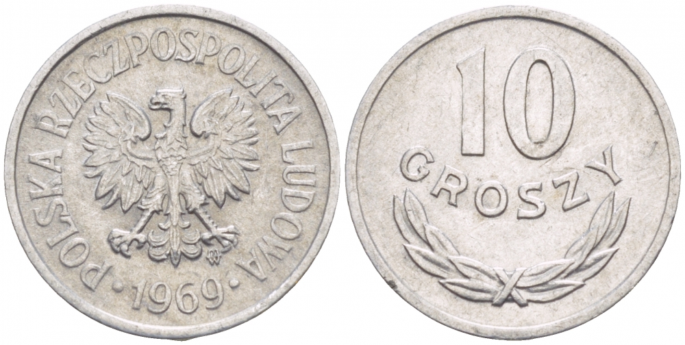 ПОЛЬША 10 ГРОШЕЙ 1969 MW KM АА47 алюминий 4547-862