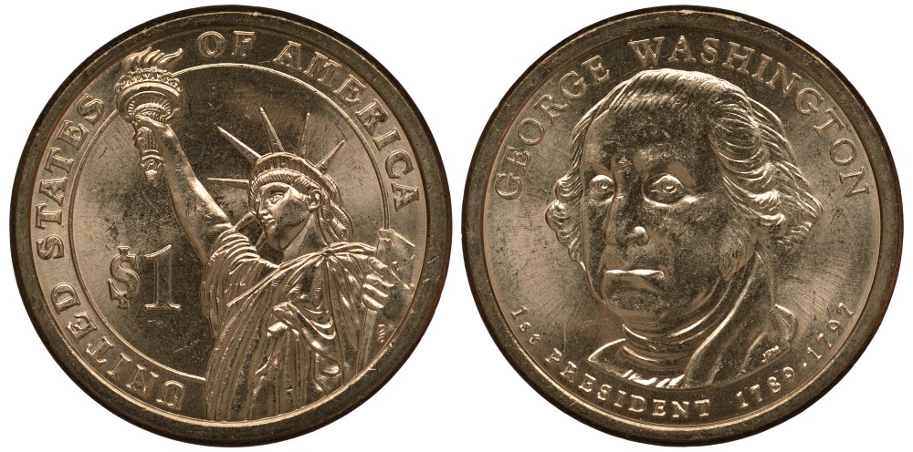 США 1 доллар 2007 P, серия президенты США, Джордж Вашингтон (1789-1797), из ролла KM 401 медь с марганцево-латунным покрытием UNC M1-21