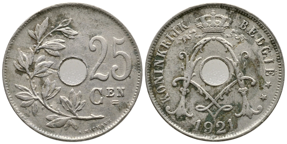 БЕЛЬГИЯ 25 САНТИМОВ 1921 BELGIE KM 69 медно-никель 177-1035
