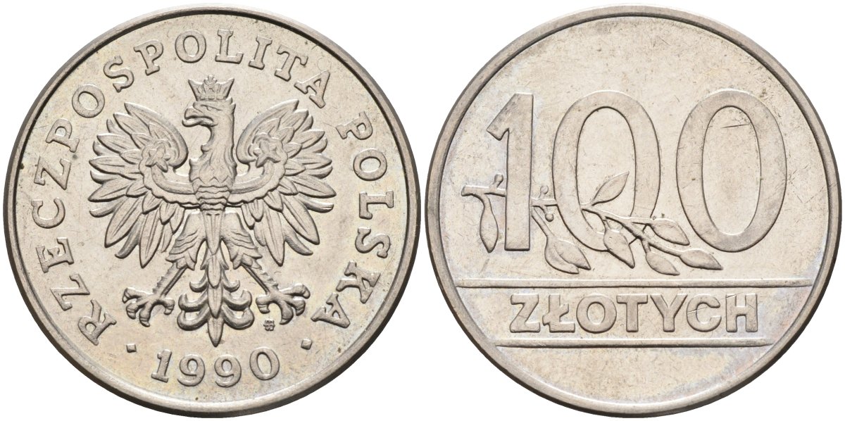 Польша 100 злотых 1990 MW, Демократическая Республика KM 214, Parchimowicz 602 медно-никель 4185-1016