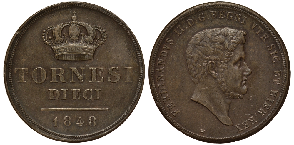 Неаполь 10 торнеси 1848 Фердинандо II KM 148 a медь 00-000-00