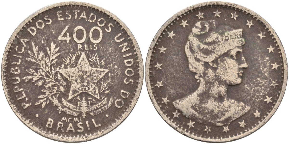 Бразилия 400 рейс 1901 голова свободы вправо KM 505 медно-никель 4367-135