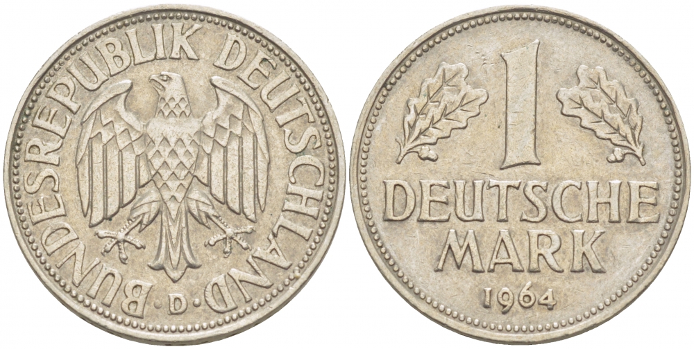 ФРГ 1 МАРКА 1964 J KM 110, J. 385 медно-никель 3718-1123