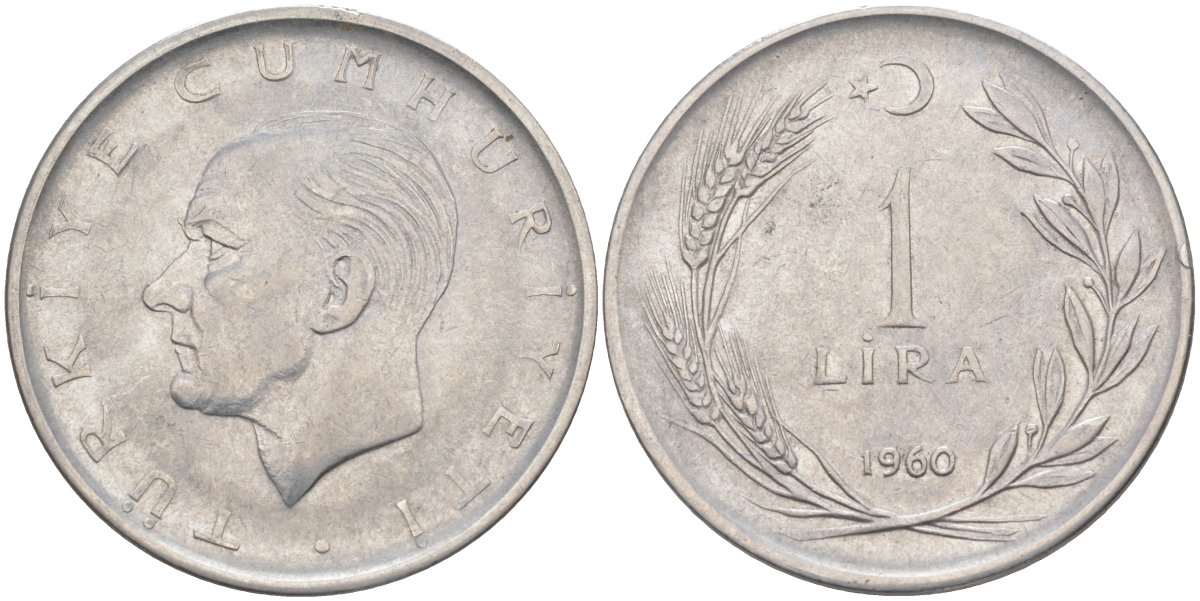 Турция 1 лира 1960 Мустафа Кемаль Ататюрк KM 889а.1 нержавеющая сталь 215-731