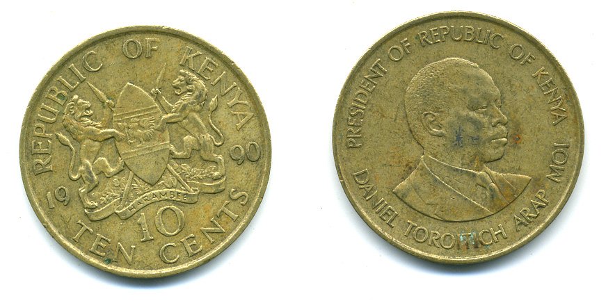Кения 10 центов 1990 Дэниэл арап Мои KM 18 никель латунь 04-347