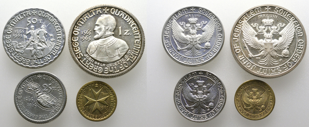 Мальтийский орден Святого Иоанна Иерусалимского набор 1, 25, 50 тари и 1 зехчини 1965 400 лет освобождения от турков KM X40i-04 PROOF 00-810-69