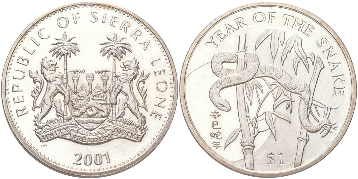 Сьерра-Леоне 1 доллар 2001 Год Змеи KM 198 медно-никель BU 4368-1032