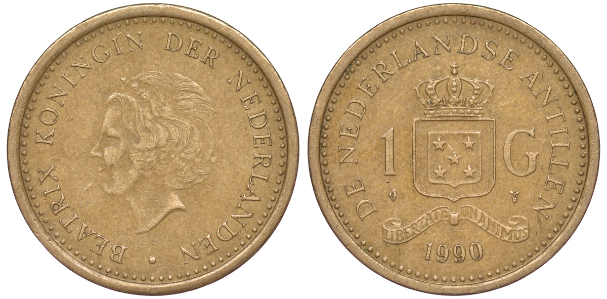 Нидерландские Антилы 1 гульден 1990 Беатрикс (1980-2013) KM 37 позолоченная сталь 25-2012