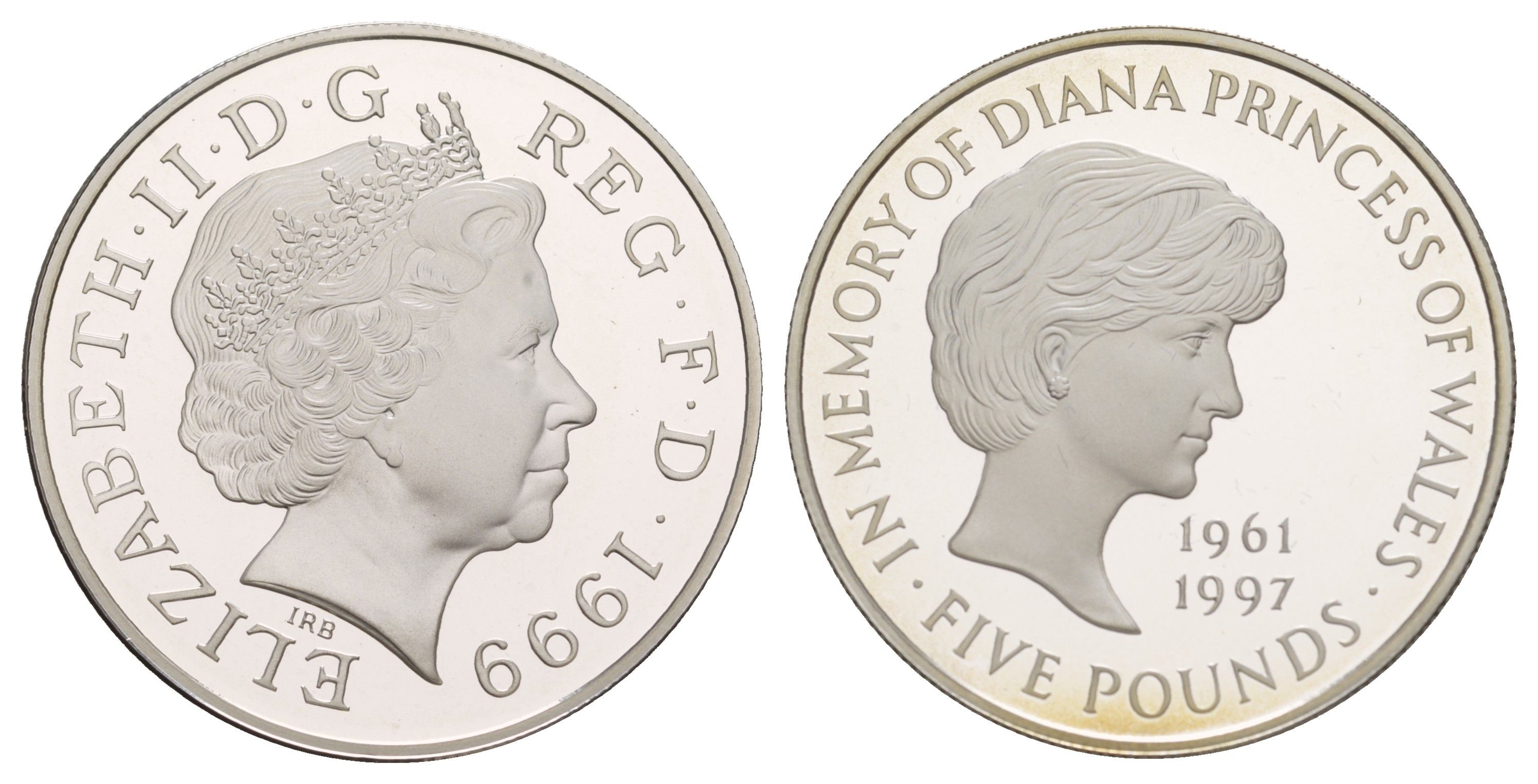 Великобритания 5 фунтов 1999 Принцесса Диана, в оригинальной упаковке, с сертификатом подлинности KM 997a, Spink L6 серебро PROOF 4-3-1-24