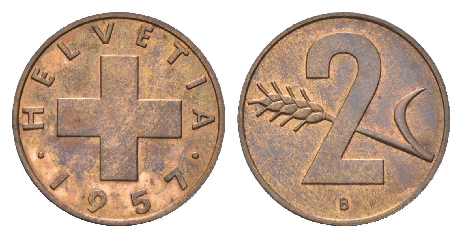 Швейцария 2 раппена 1957 B KM 47 бронза 4708-327