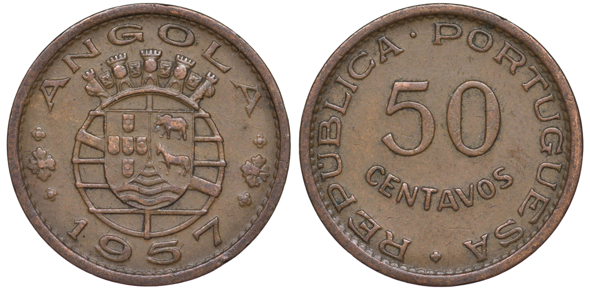 Португальская Ангола 50 сентаво 1957 KM 75 бронза 4114-422