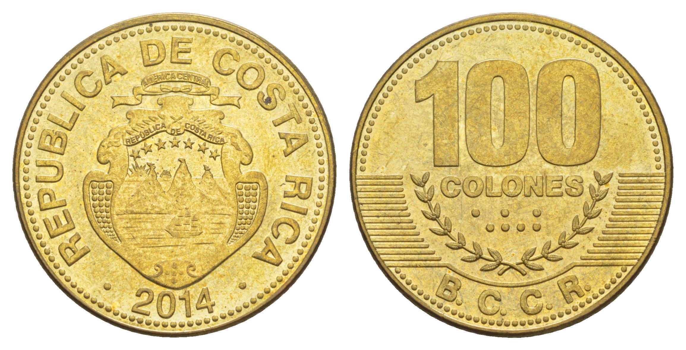 Коста-Рика 100 колонов 2014 KM 240a сталь плакированная латунью UNC 4642-1011