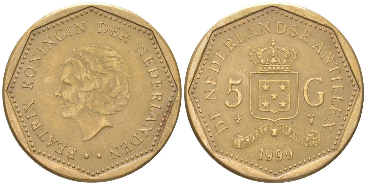 Нидерландские Антилы 5 гульденов 1999 Беатрикс (1980-2013) KM 43 сталь плакированная латунью 4398-257