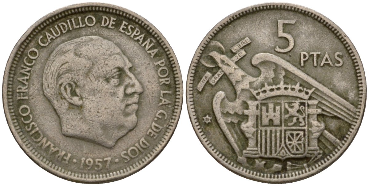 Испания 5 песет 1957 (58) Франсиско Франко (1939-1975) KM 786 медно-никель 186-417