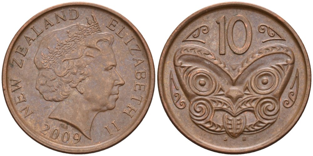 Новая Зеландия 10 центов 2009 маска Маори, Елизавета II (1952-) KM 117а сталь плакированная медью 4179-743