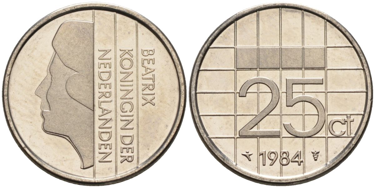Нидерланды 25 центов 1984 Беатрикс (1980-2013) KM 204 никель UNC 4588-861