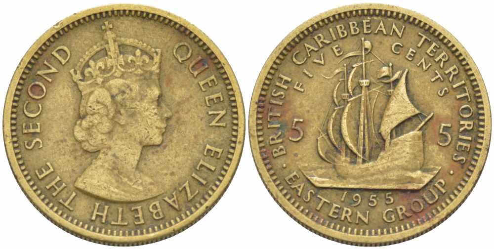 Британские Восточно-Карибские территории 5 центов 1955 Елизавета II (1952-2022), парусник KM 4 никель латунь 108-1122