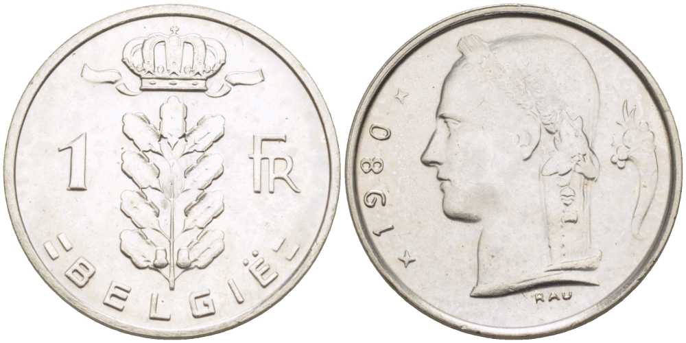 БЕЛЬГИЯ 1 ФРАНК 1980 BELGIE, БОДУЭН I (1951-1993) KM 143.1 медно-никель UNC 213-411