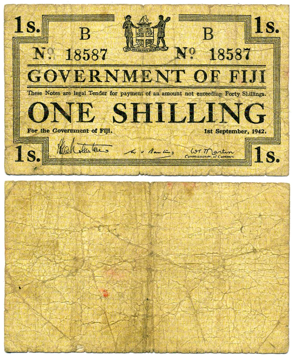 Фиджи 1 шиллинг 1942 1 сентября 1942, буква В Pick 49b бумага 451-450-2