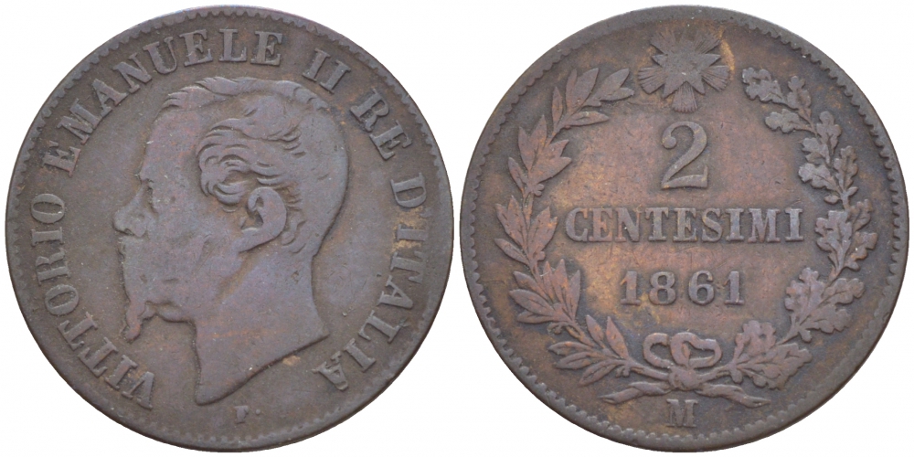 ИТАЛИЯ 2 ЧЕНТЕЗИМО 1861 М, ВИКТОР ИМАНУИЛ II KM 2.1 медь 4548-127