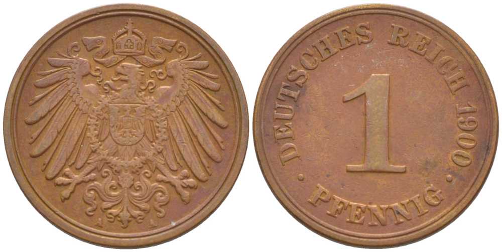 ГЕРМАНИЯ 1 ПФЕННИГ 1900 A KM 10, J. 10, Weege 2 медь 211-243