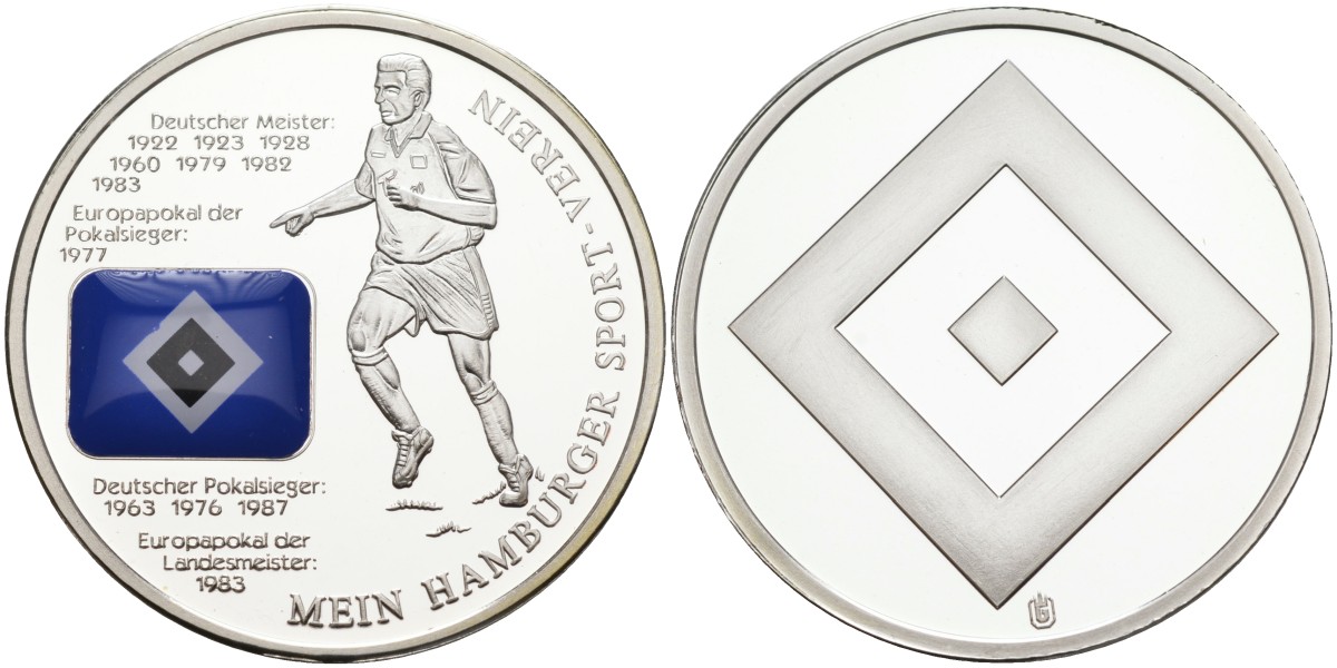 ФРГ медаль ND спортивная, футбольный клуб "Гамбург", история побед, цветная наклейка, диаметр 30 мм. медь плакированная медно-никелем PROOF 1099-2-44