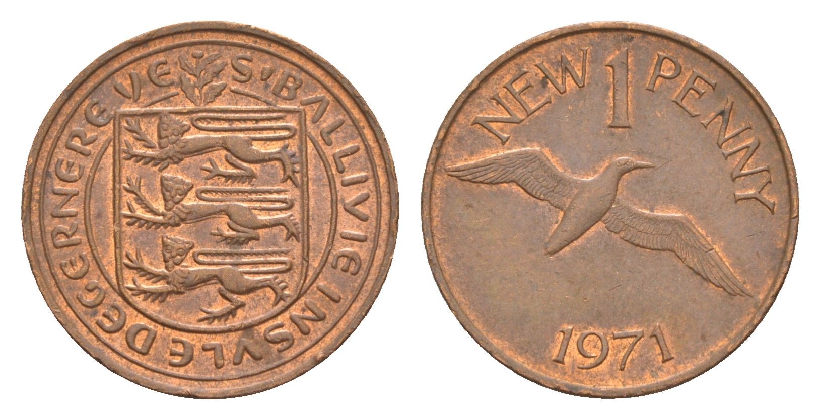 Гернси 1 новый пенни 1971 Елизавета II (1952-2022), северная олуша в полете KM 21 бронза 4655-937