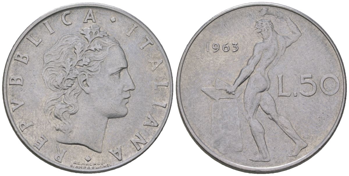 Италия 50 лир 1963 , бог огня Вулкан у наковальни KM 95.1 нержавеющая сталь 212-555