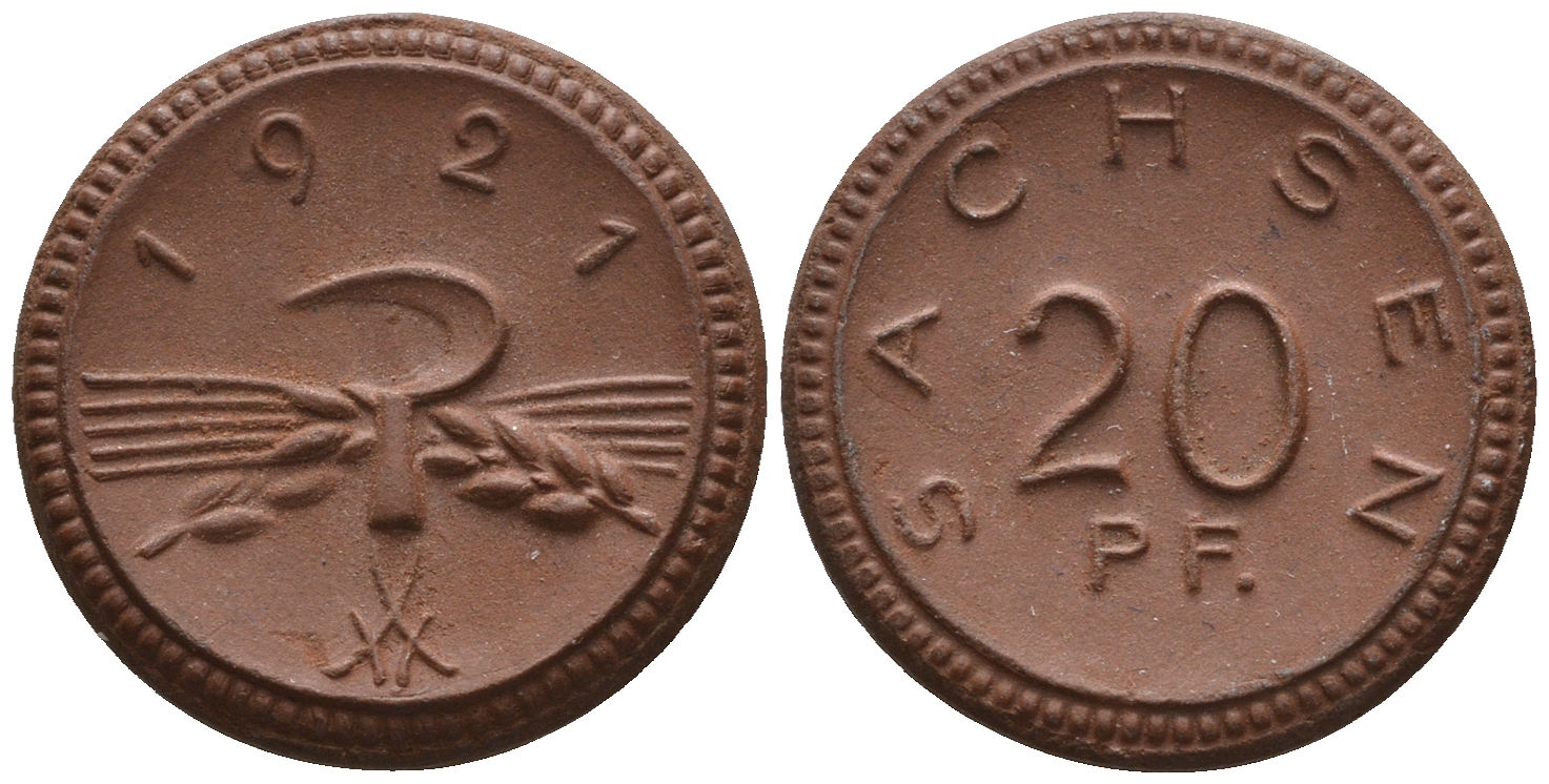 Саксония 20 пфеннигов 1921 колосья и серп J. N 53 фарфор UNC 1094-8-65