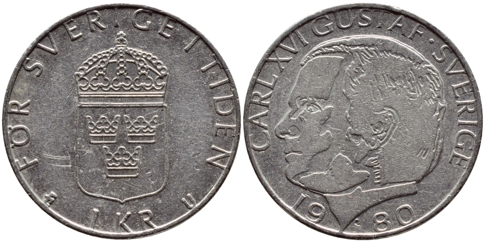 Швеция 1 крона 1980 Карл XVI Густав (1973- ) KM 852 медь плакированная медно-никелем 4397-956