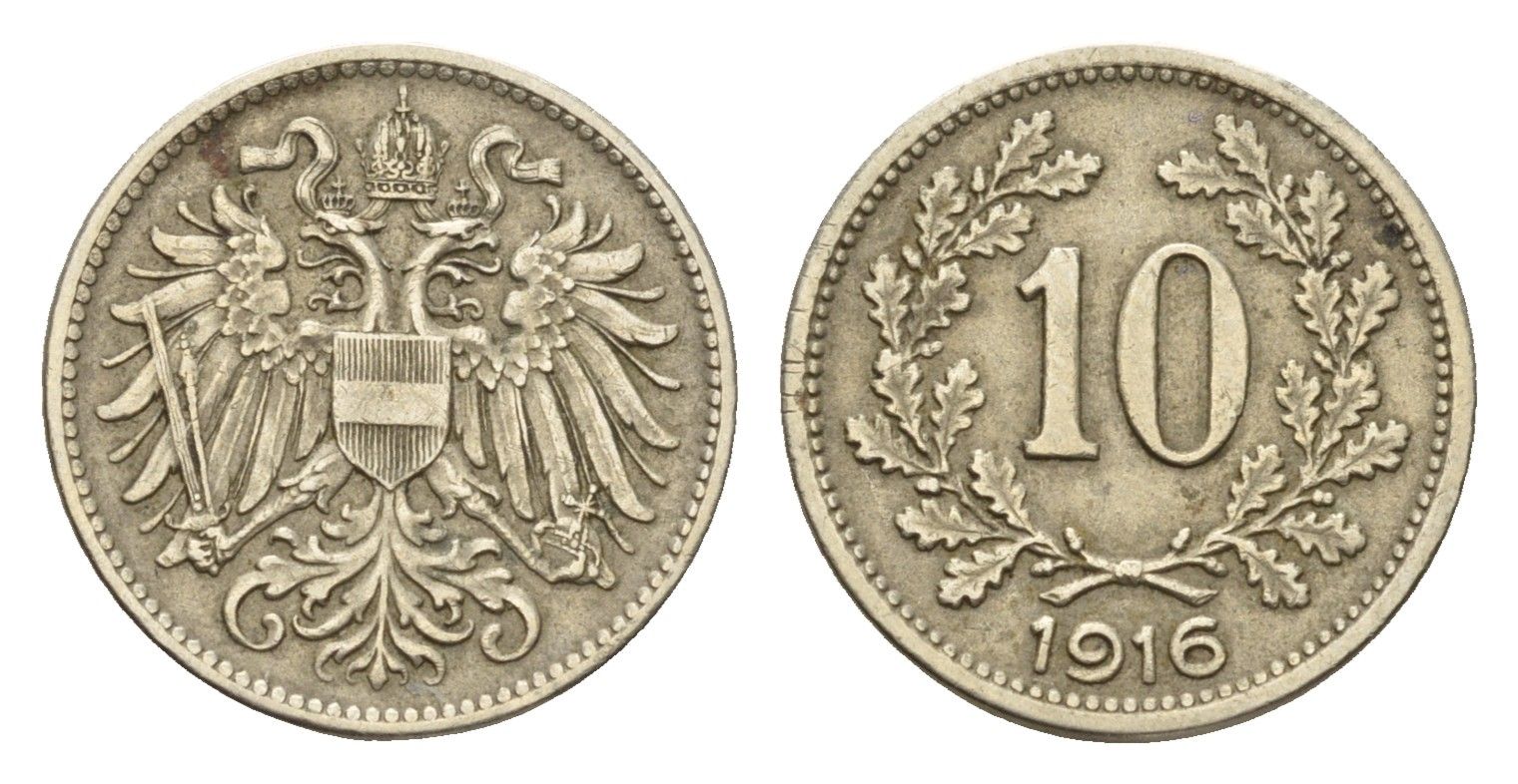 Австрия 10 геллеров 1916 Франц Иосиф I (1848-1916) KM 2825 медь цинк никель 4674-414
