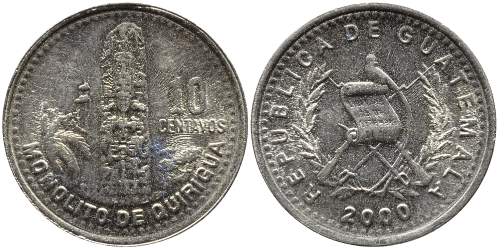Гватемала 10 сентаво 2000 монолиты Киригуа KM 277.6 медно-никель 4390-115