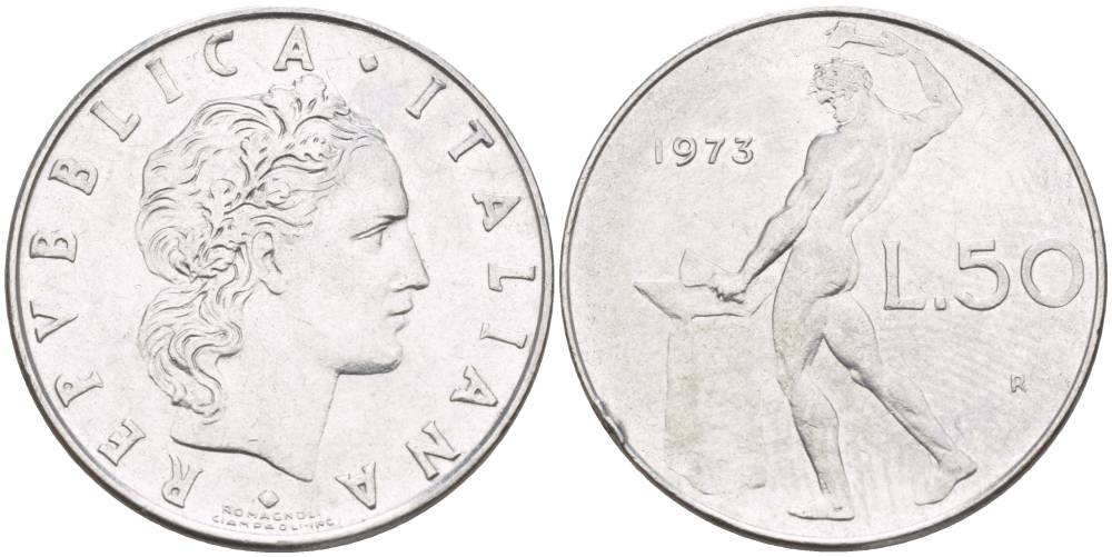 ИТАЛИЯ 50 ЛИР 1973 R, БОГ ОГНЯ ВУЛКАН У НАКОВАЛЬНИ KM 95.1 нержавеющая сталь 4551-356