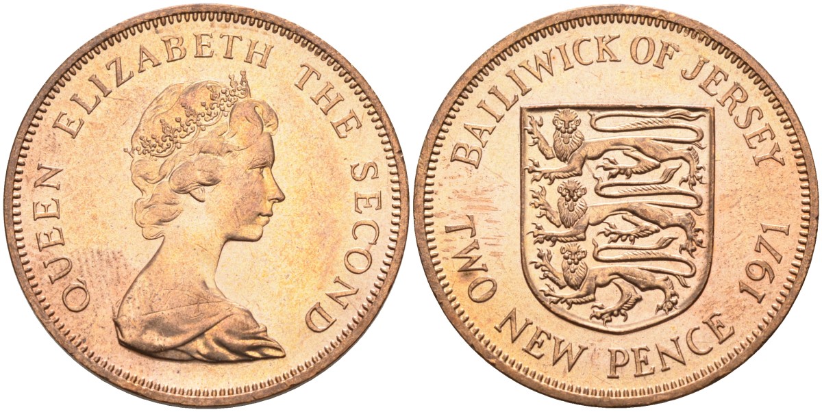 Джерси 2 пенса 1971 герб, Елизавета II (1952-) KM 31 бронза UNC 4583-125