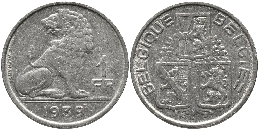 Бельгия 1 франк 1939 Леопольд III (1934-1950), Belgique-Belgie, лев KM 119 никель 4384-224
