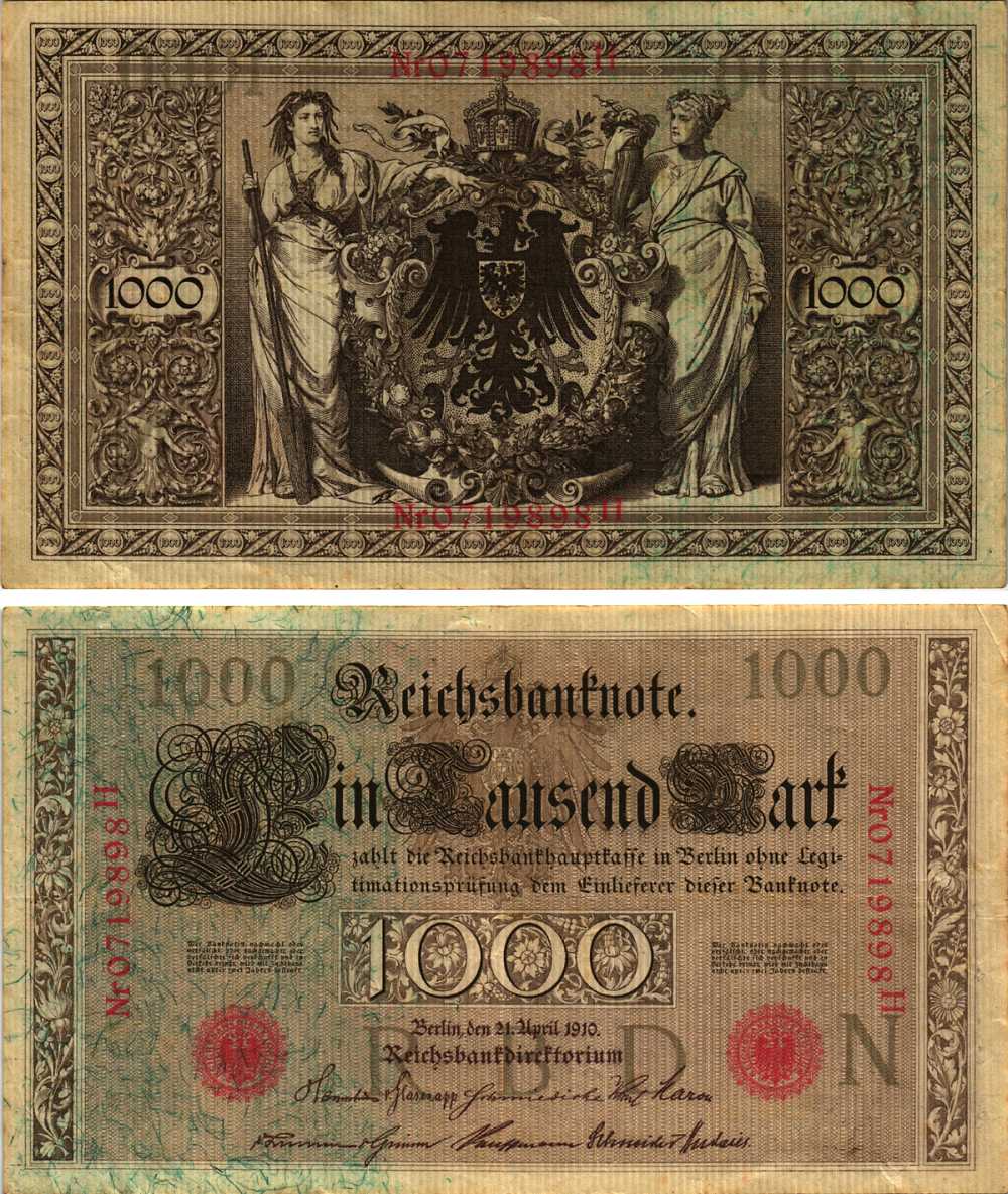 Германия 1000 марок 1910 21 апреля 1910, семизначный номер, серия H Pick 44b  бумага   8610-10-1-1