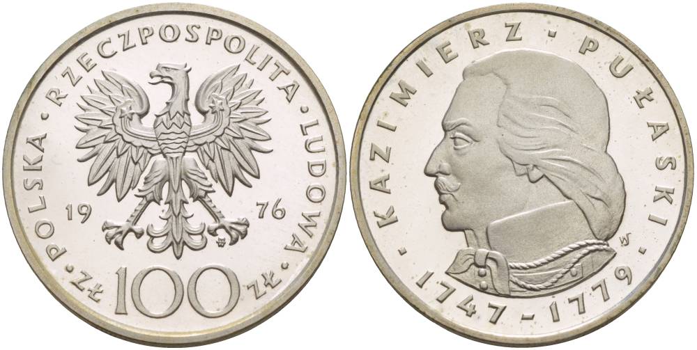 Польша 100 злотых 1976 MW, Казимир Пулавский (1747-1779), в оригинальной упаковке KM 84, Parchimowicz 275 серебро PROOF 5-3-1-31