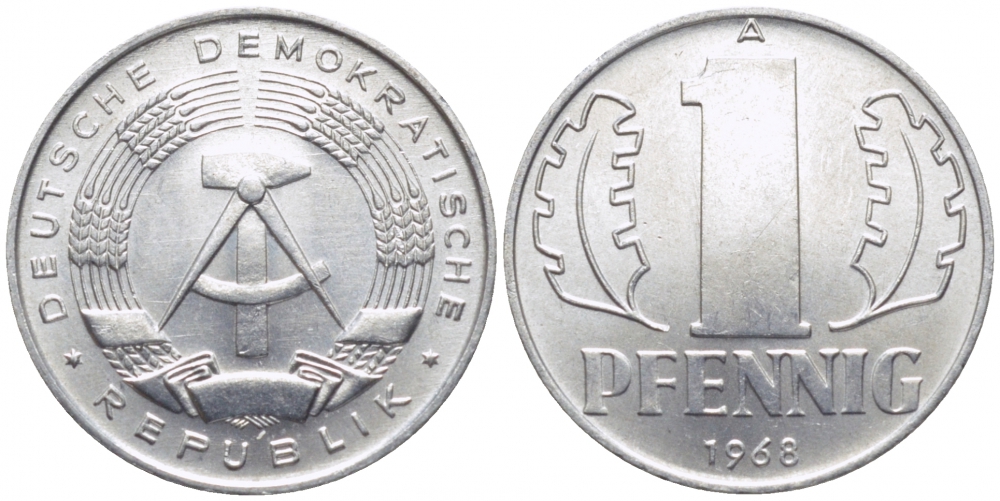 ГДР 1 ПФЕННИГ 1968 А КМ 8.1 алюминий UNC 105-1237