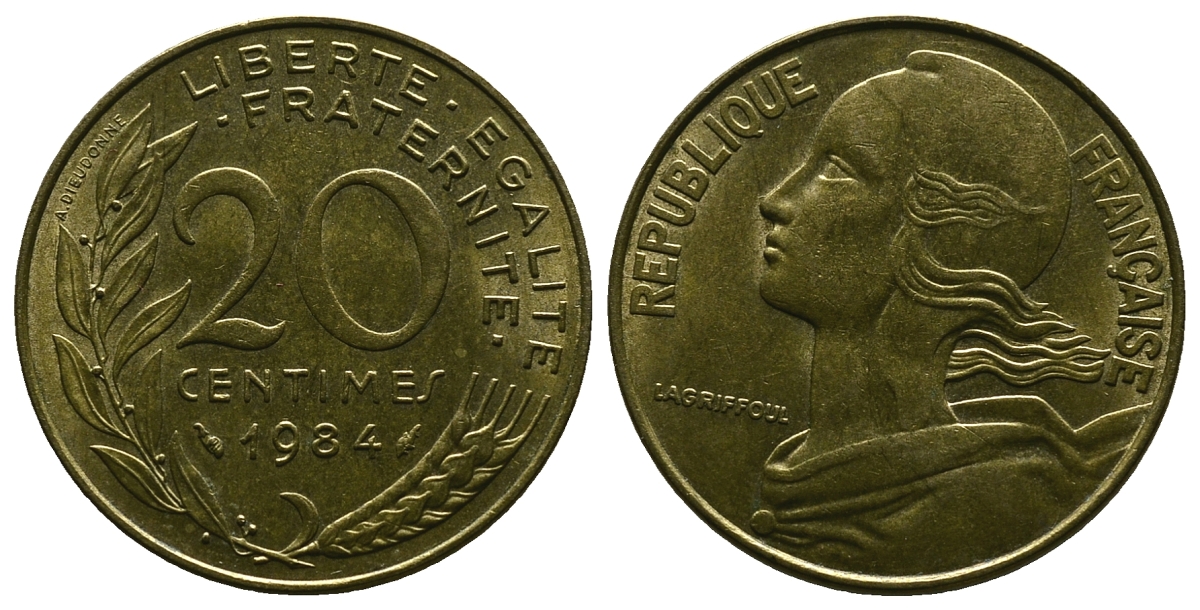 Франция 20 сантимов 1984 тип Marianne KM 930, Le Franс 156.24 медь алюминий никель 4384-757