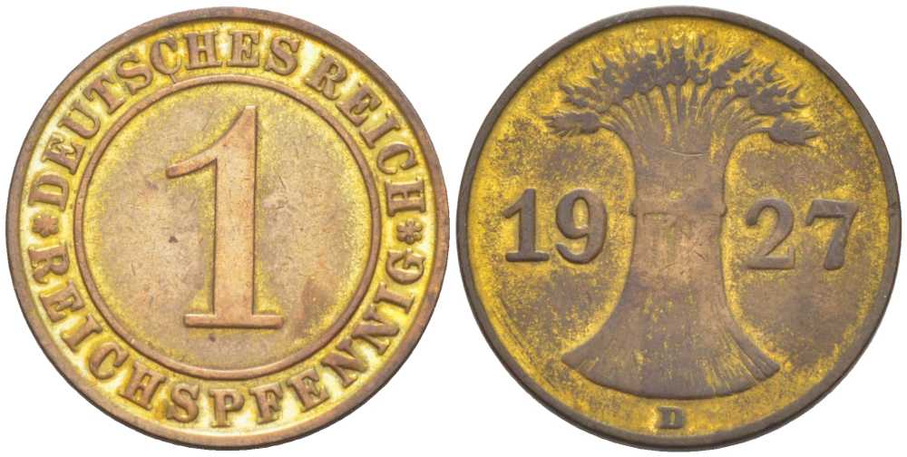ГЕРМАНИЯ 1 РЕЙХСПФЕННИГ 1927 D KM 37, J. 313, Weege 2 бронза 206-827