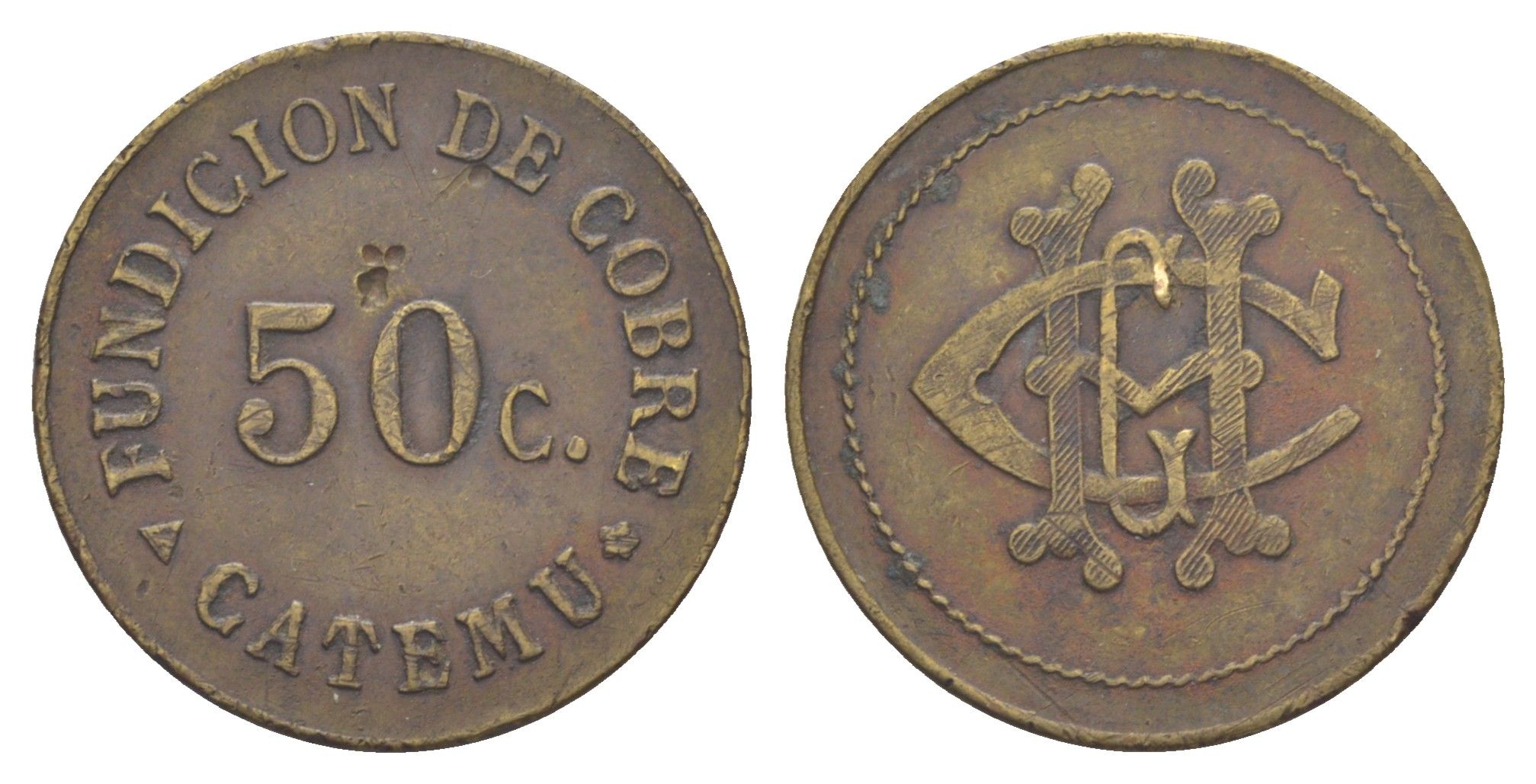 Чили жетон с медеплавильный завод для покупки в местных магазинах, номиналом в 50 сентаво диаметр 32 мм, вес 7,21 гр не описан в Espinosa бронза 1094-1-82