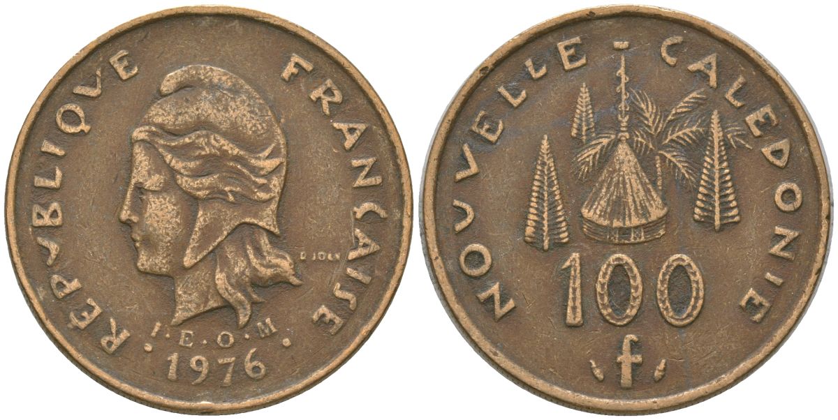 Французская Новая Каледония 100 франков 1976 хижина среди сосен и пальм, (IEOM) KM 15, Schoen 16, Lec 130 никель латунь 4137-524