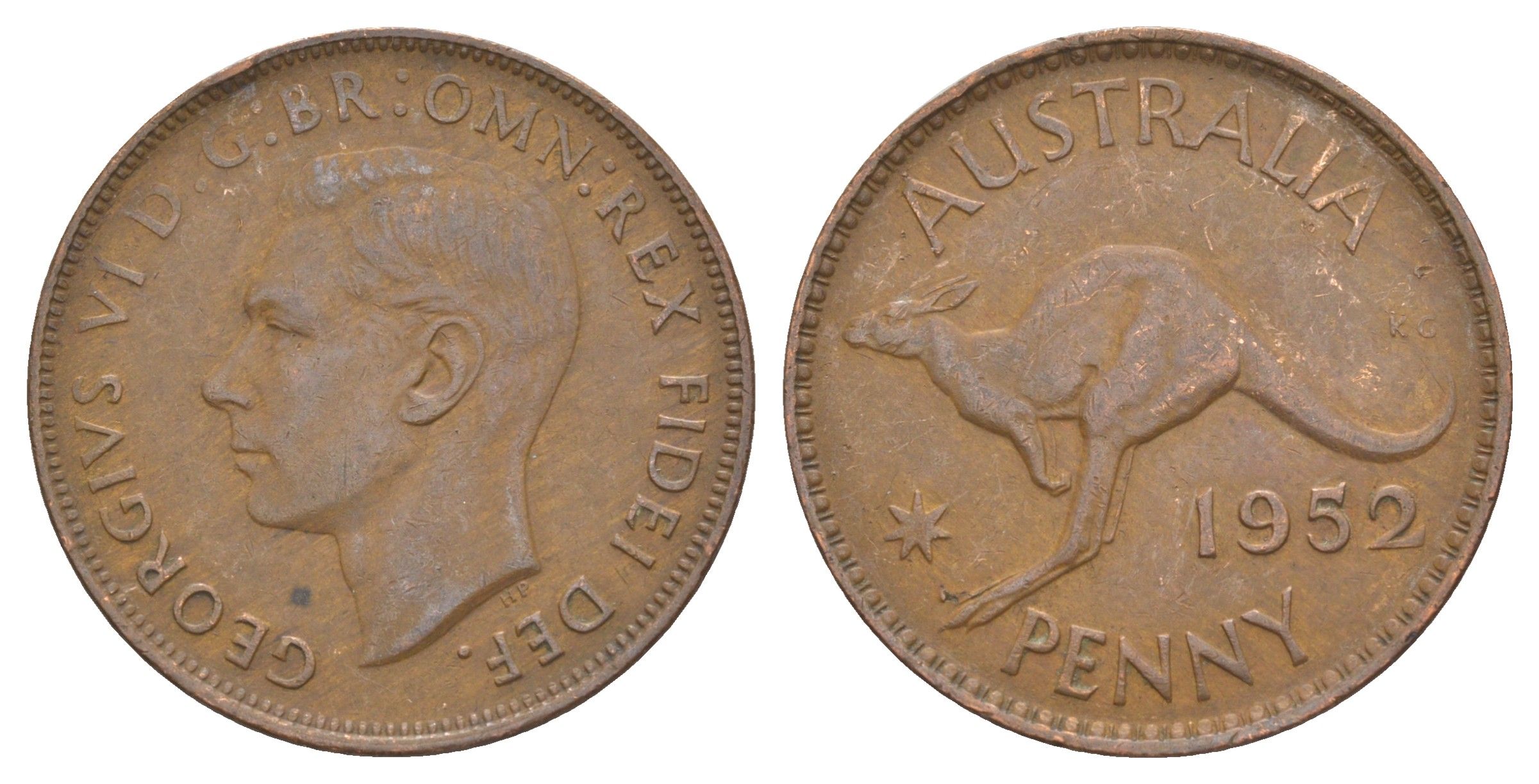 Австралия 1 пенни 1952 m, Георг VI (1937-1952), кенгуру KM 43 бронза 4179-211